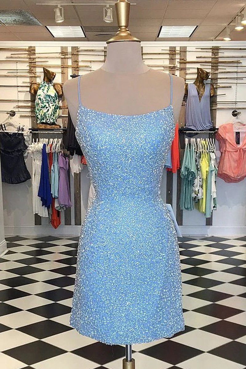 Bodycon Sequins Spaghetti Straps Short Homecoming Dresses with Criss Cross Back