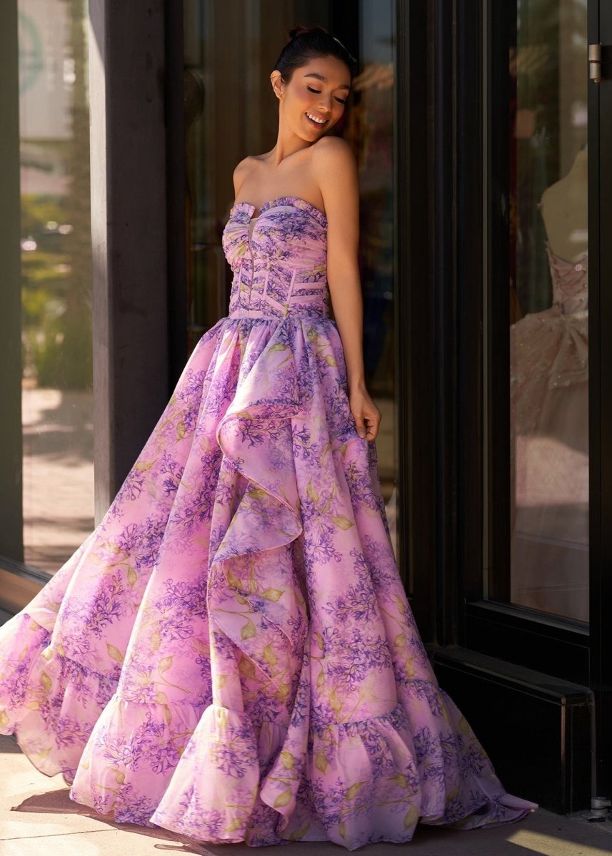 A-line Corset Detachable Sweetheart Floral Long Prom Dresses