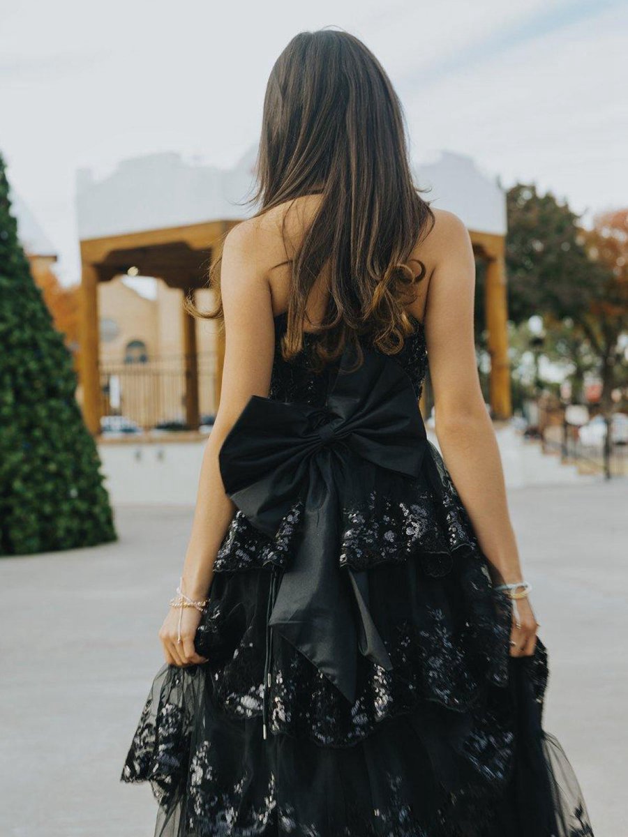 A-line Sweetheart Sequin Ruffles Long Prom Dresses with Bow
