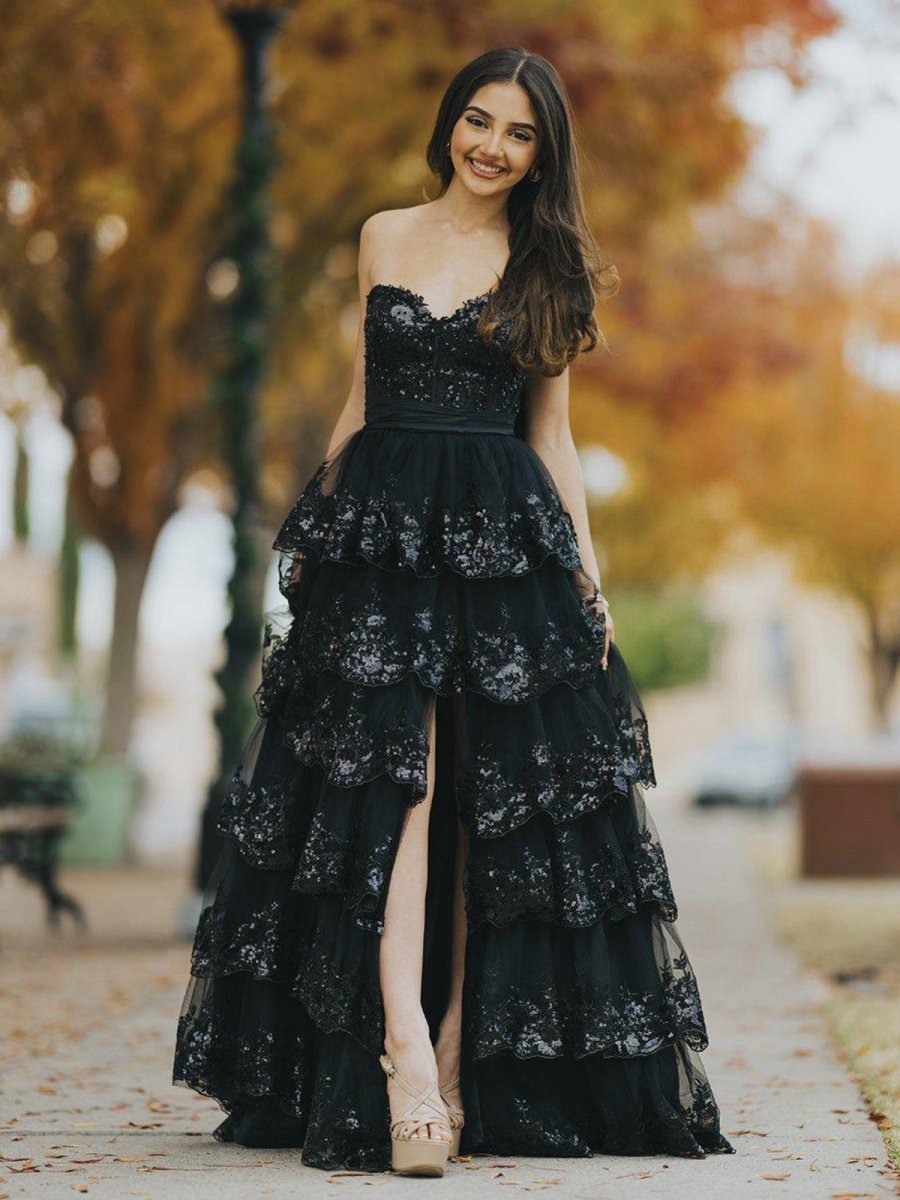 A-line Sweetheart Sequin Ruffles Long Prom Dresses with Bow