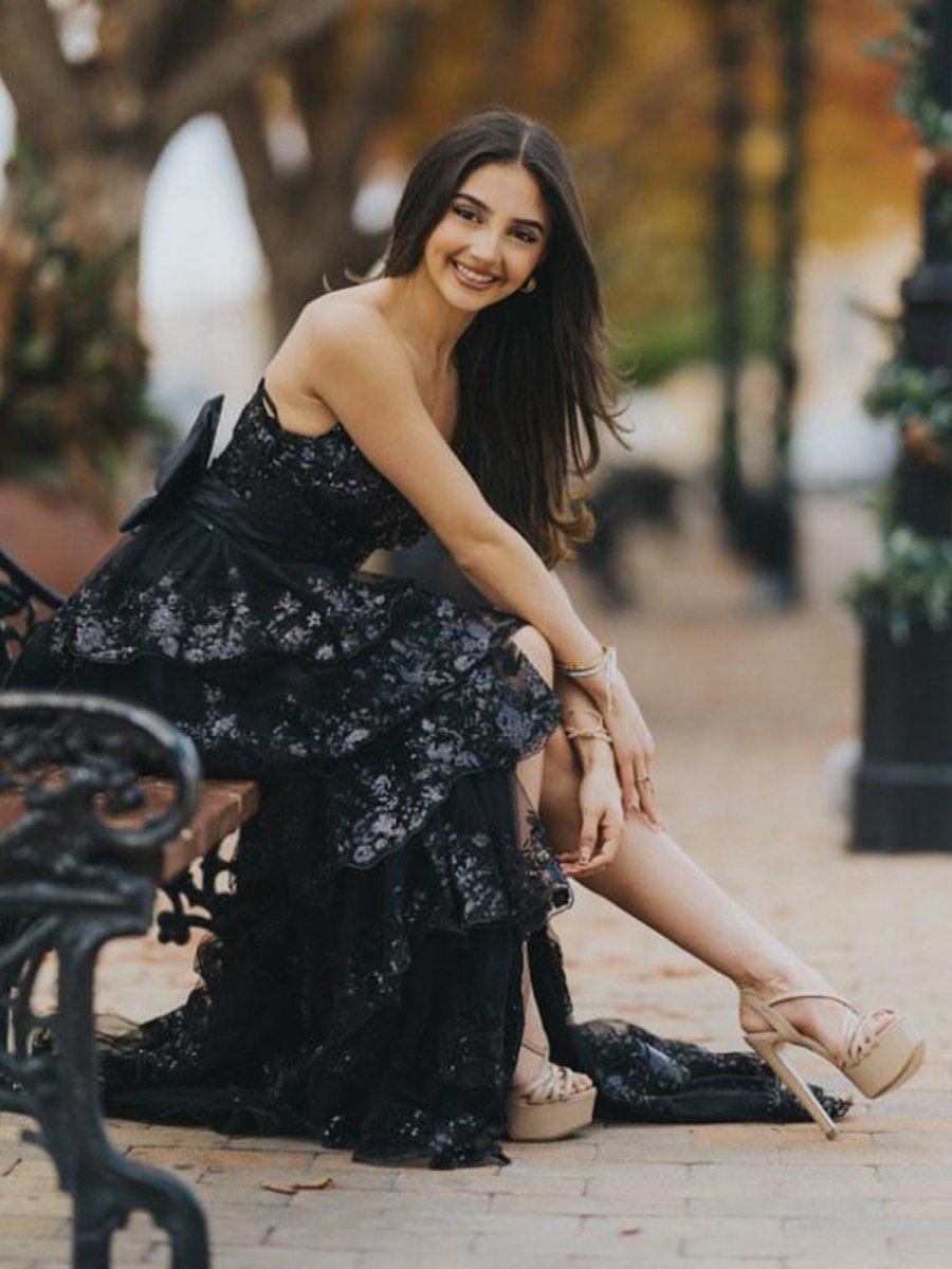 A-line Sweetheart Sequin Ruffles Long Prom Dresses with Bow
