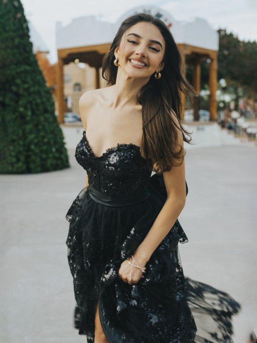 A-line Sweetheart Sequin Ruffles Long Prom Dresses with Bow