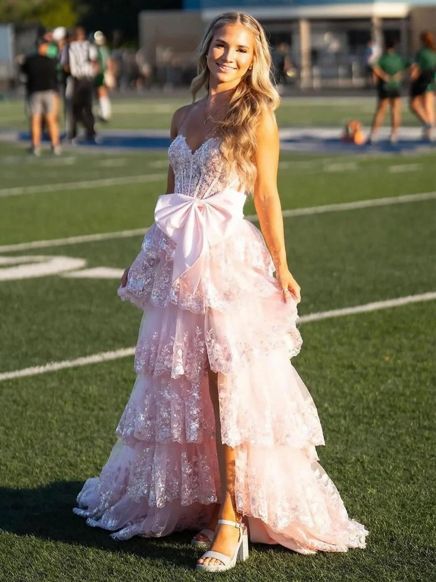 A-line Sweetheart Sequin Ruffles Long Prom Dresses with Bow