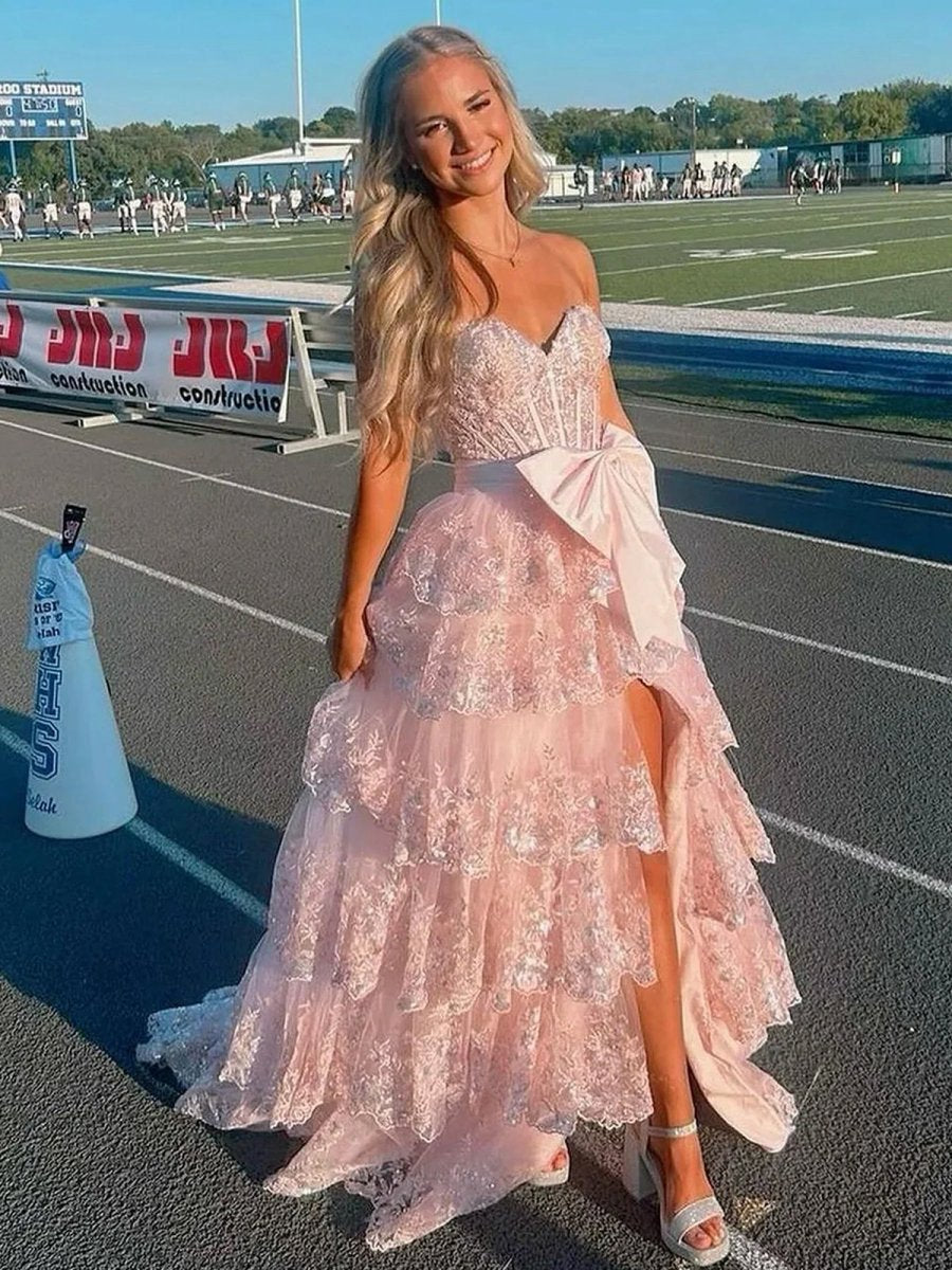 A-line Sweetheart Sequin Ruffles Long Prom Dresses with Bow