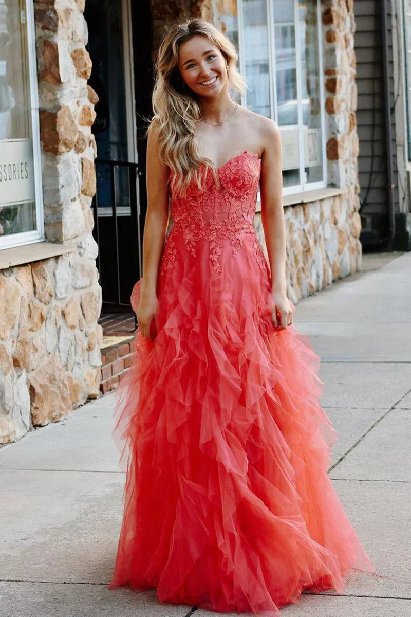 A-line Coral Tulle Strapless Layered Prom Dresses with Appliques