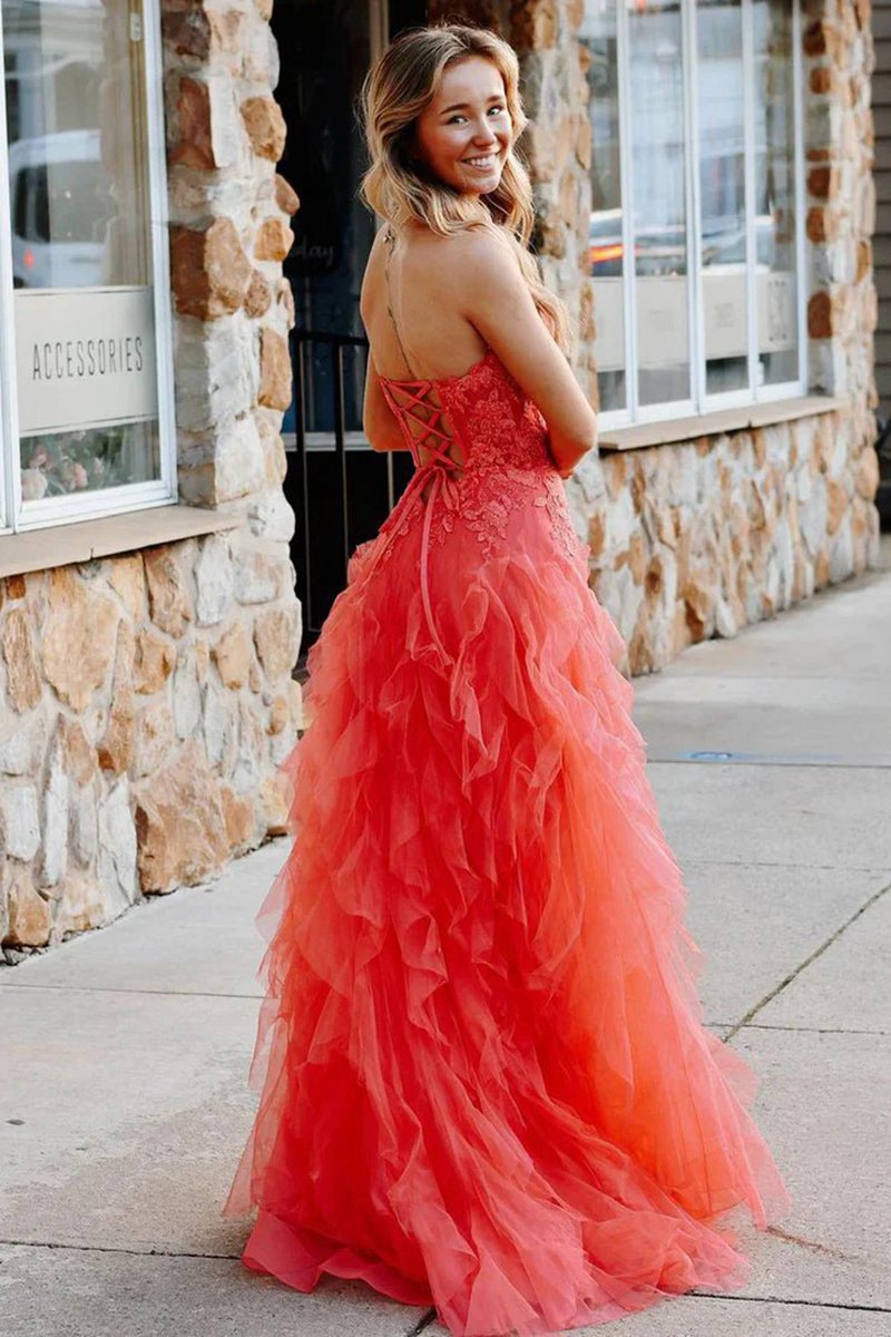 A-line Coral Tulle Strapless Layered Prom Dresses with Appliques