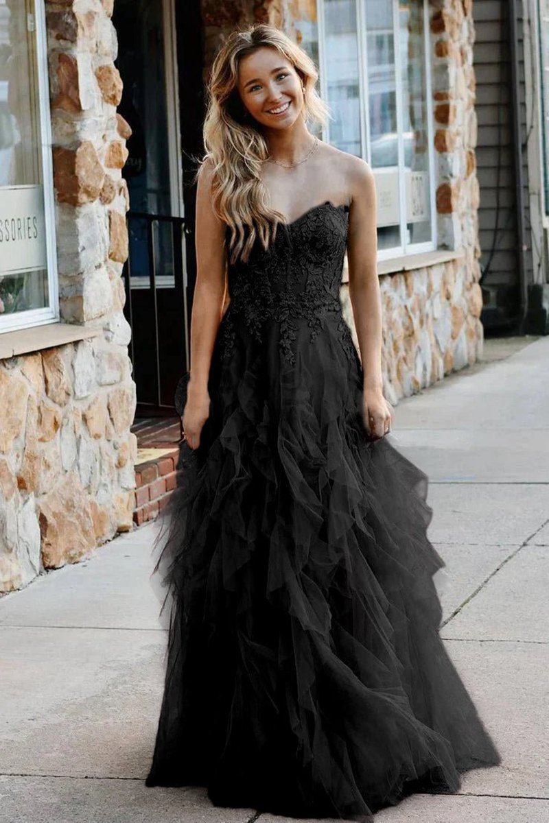A-line Coral Tulle Strapless Layered Prom Dresses with Appliques