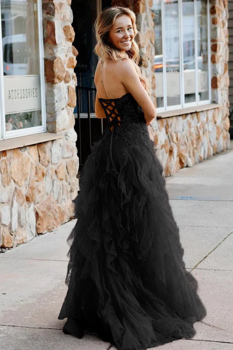 A-line Coral Tulle Strapless Layered Prom Dresses with Appliques