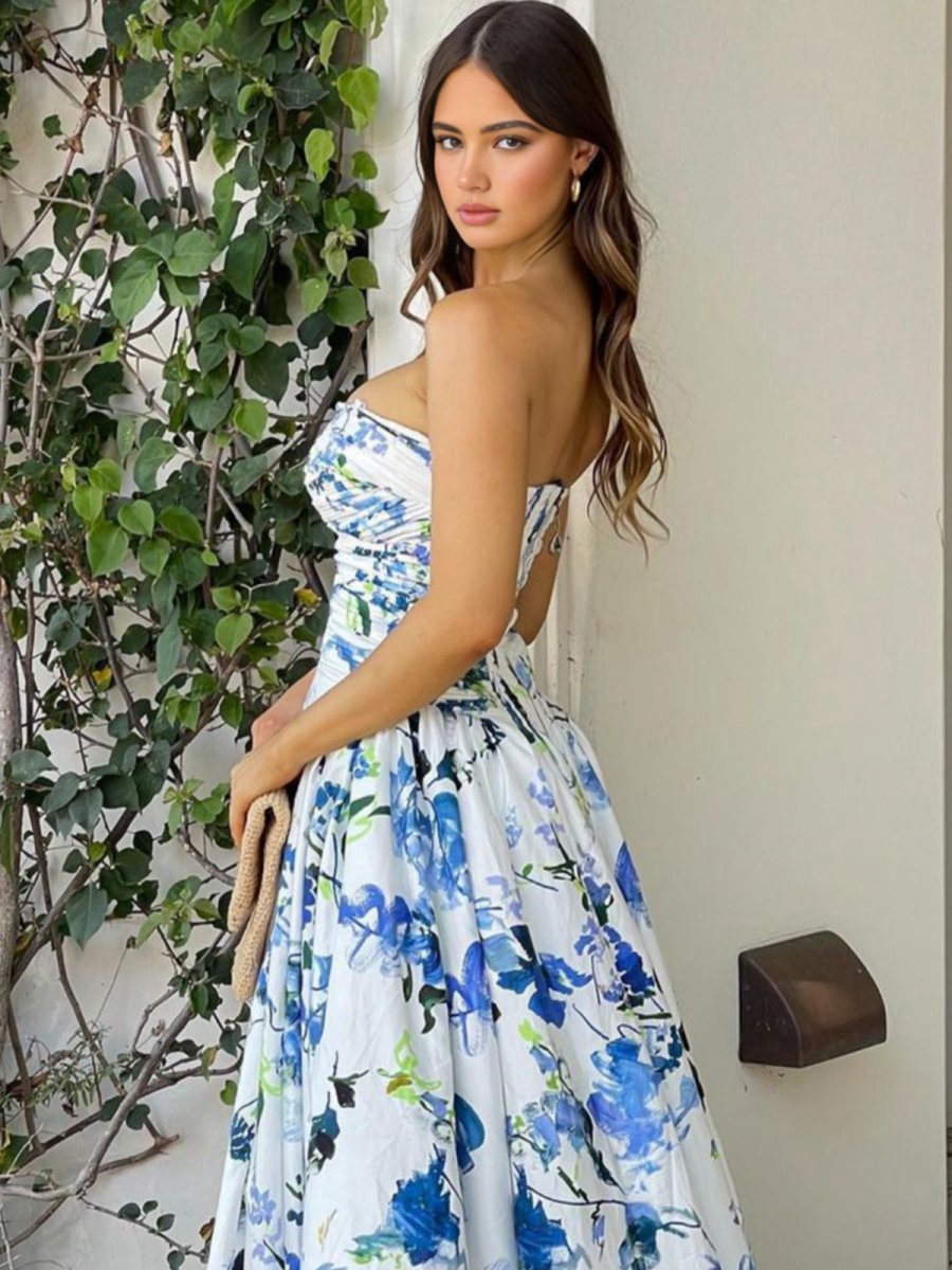 A-line Printed Strapless Long Prom Dresses