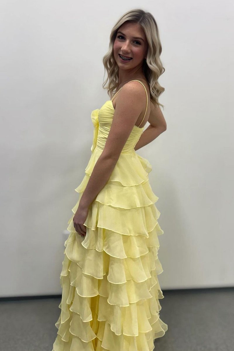 A-line Spaghetti Straps Long Prom Dresses with Ruffles