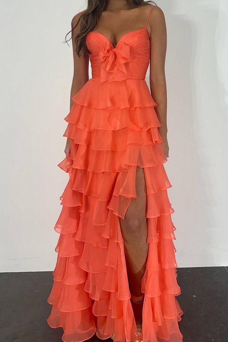 A-line Spaghetti Straps Long Prom Dresses with Ruffles