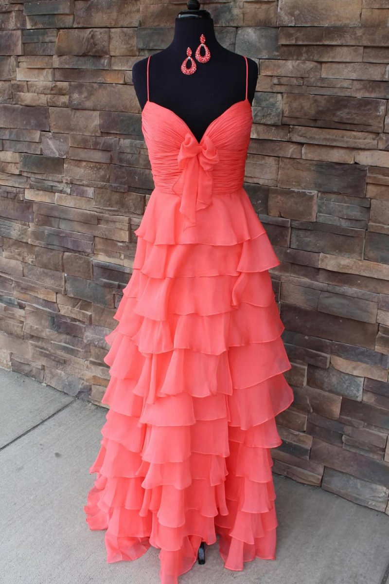 A-line Spaghetti Straps Long Prom Dresses with Ruffles
