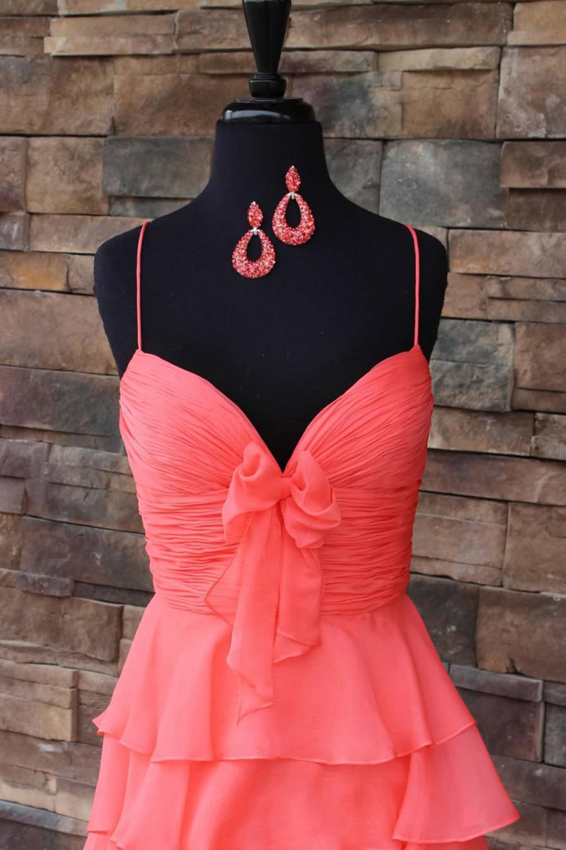 A-line Spaghetti Straps Long Prom Dresses with Ruffles