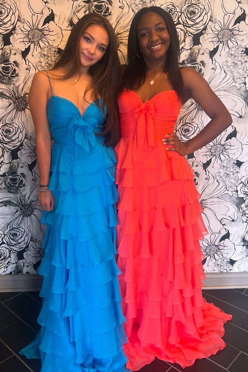 A-line Spaghetti Straps Long Prom Dresses with Ruffles