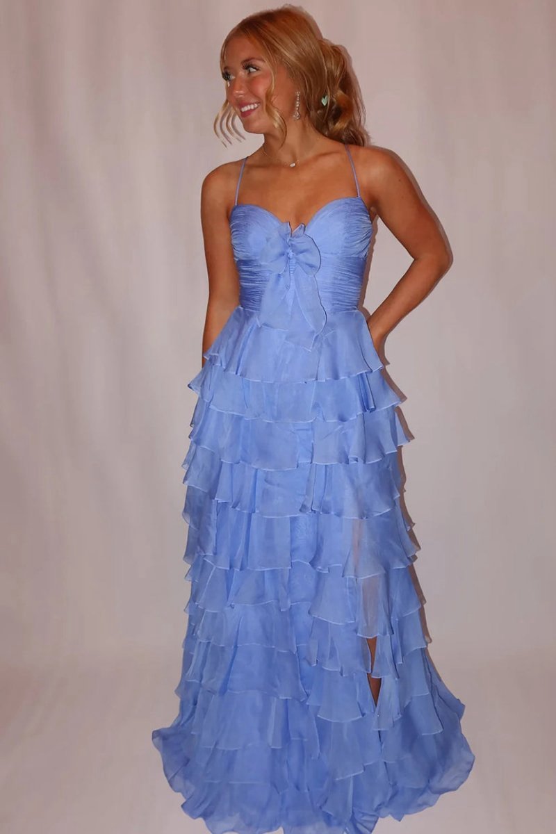 A-line Spaghetti Straps Long Prom Dresses with Ruffles