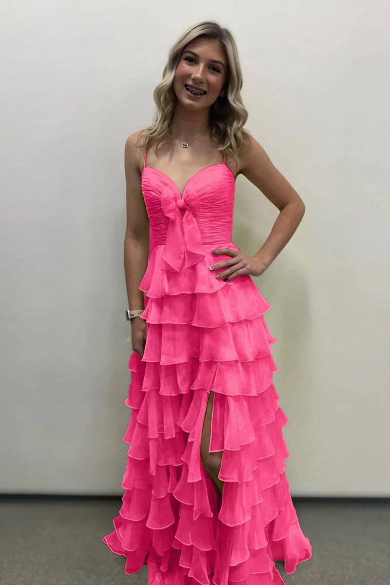 A-line Spaghetti Straps Long Prom Dresses with Ruffles