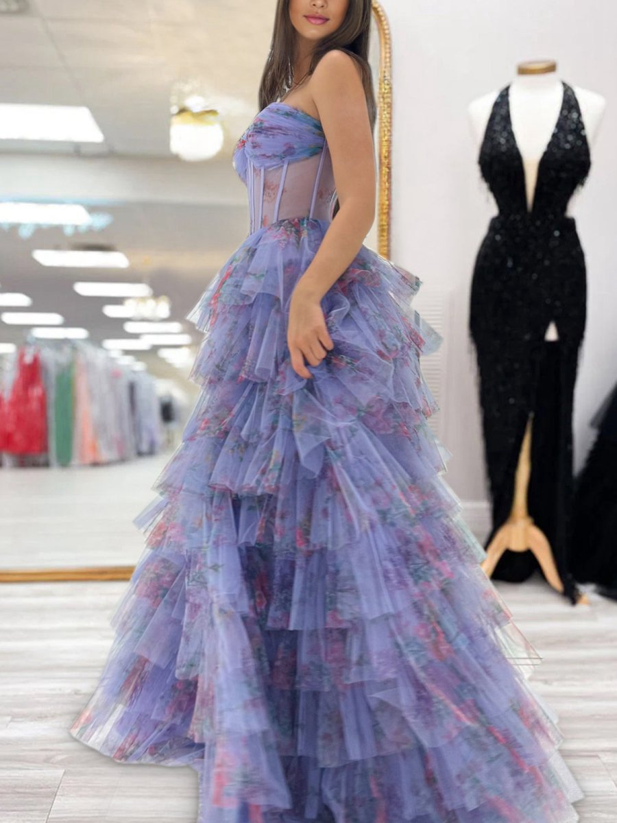 Strapless A-line Tulle Printed Ruffle Tie Prom Dresses with Slit