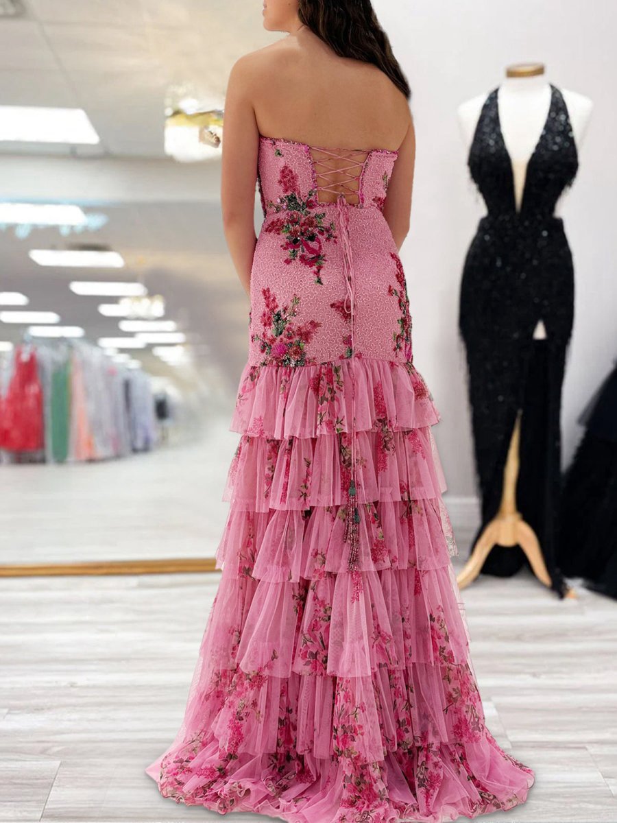 Strapless Sequins Floral Printed Ruffle Tie Mermaid Prom Dresses with Slit