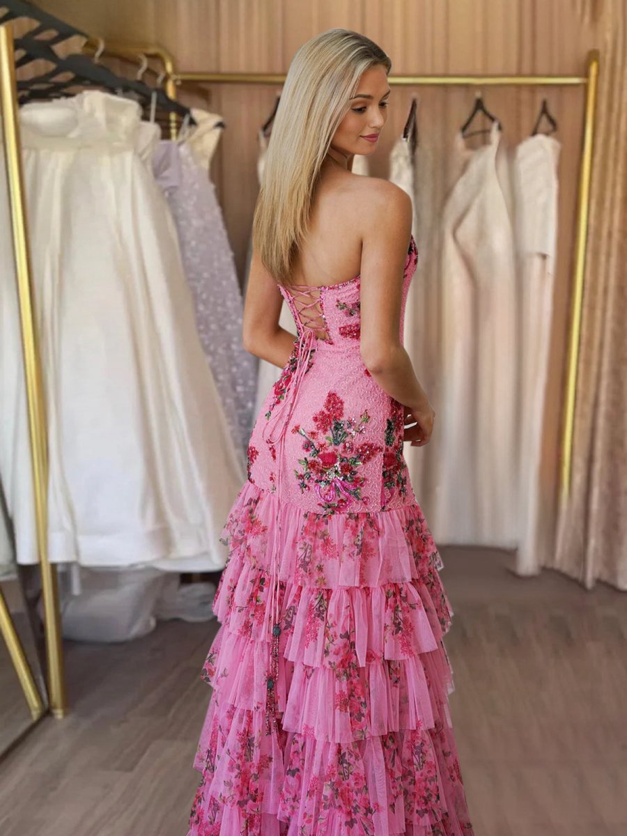 Strapless Sequins Floral Printed Ruffle Tie Mermaid Prom Dresses with Slit