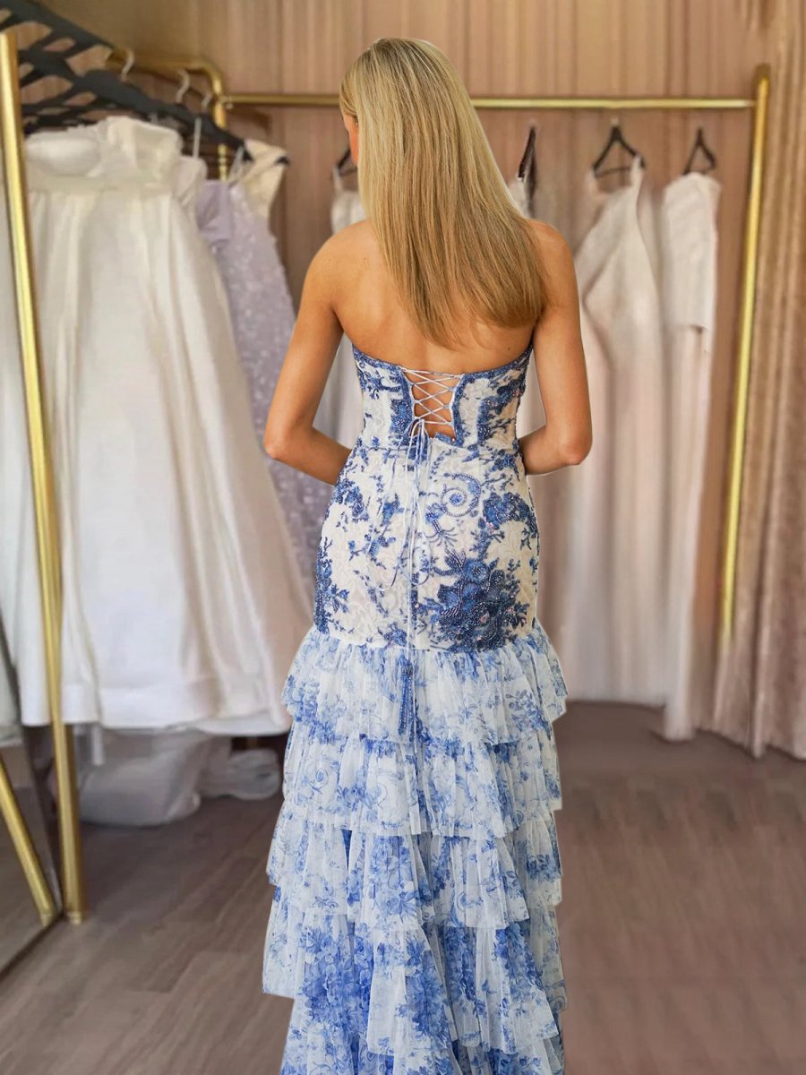 Strapless Beaded Ruffle Tie Mermaid Prom Dresses with Slit