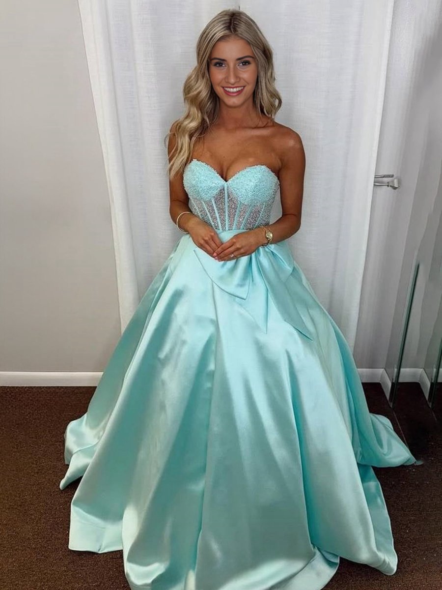 A-line Sweetheart Beaded Long Prom Dresses with Bow