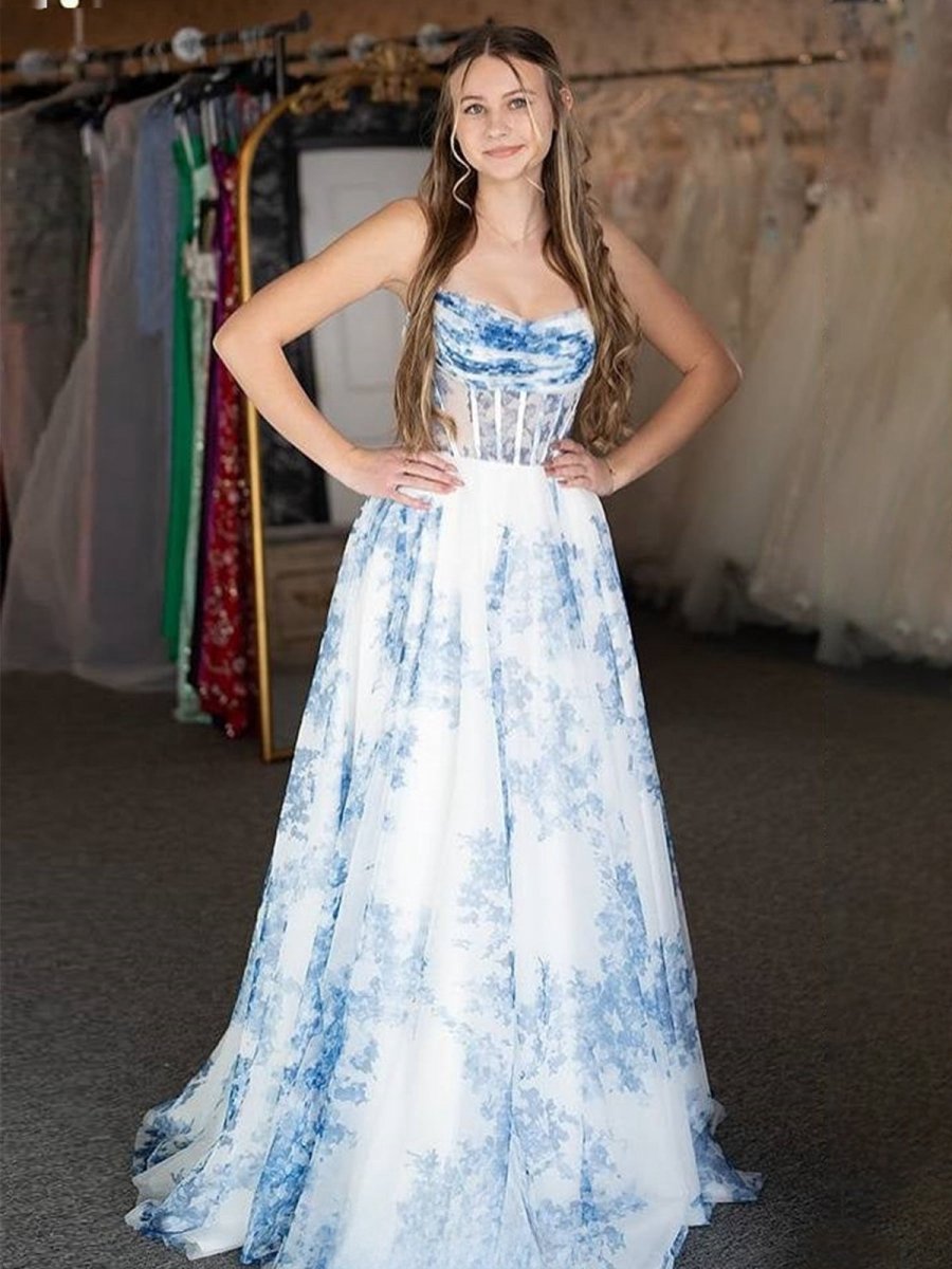 A-line Strapless Floral Print Long Prom Dresses