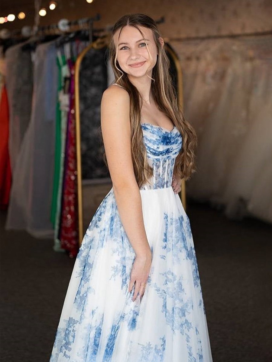 A-line Strapless Floral Print Long Prom Dresses