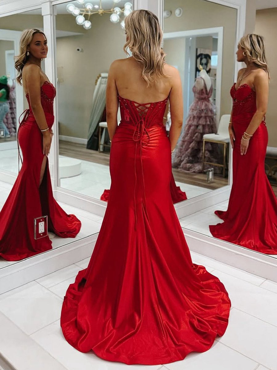Mermaid Strapless Keyhole Satin Long Prom Dresses with Slit