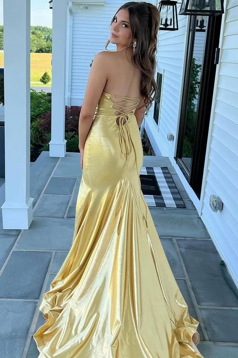 Mermaid V-Neck Metallic Long Prom Dresses with Slit