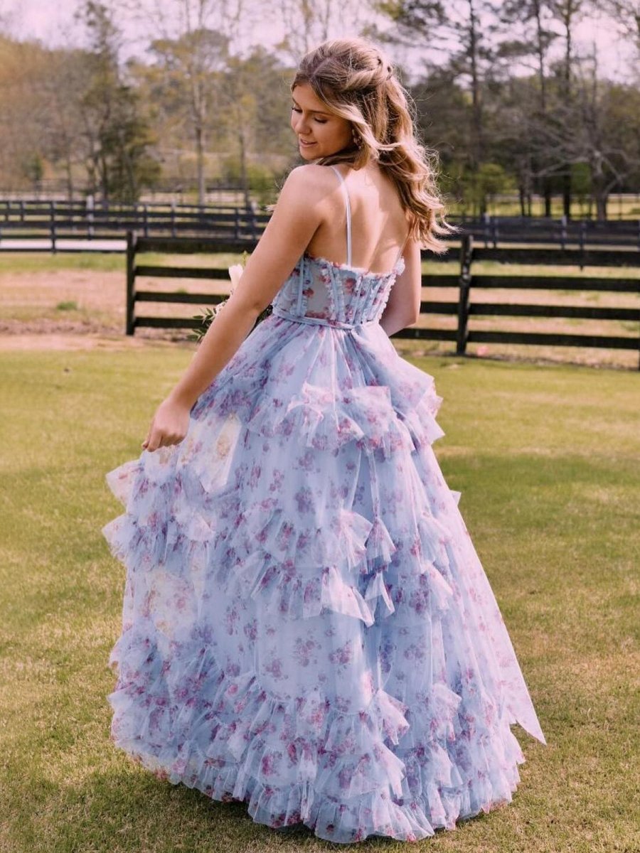 A-line Floral Corset Tulle Ruffles Long Prom Dresses