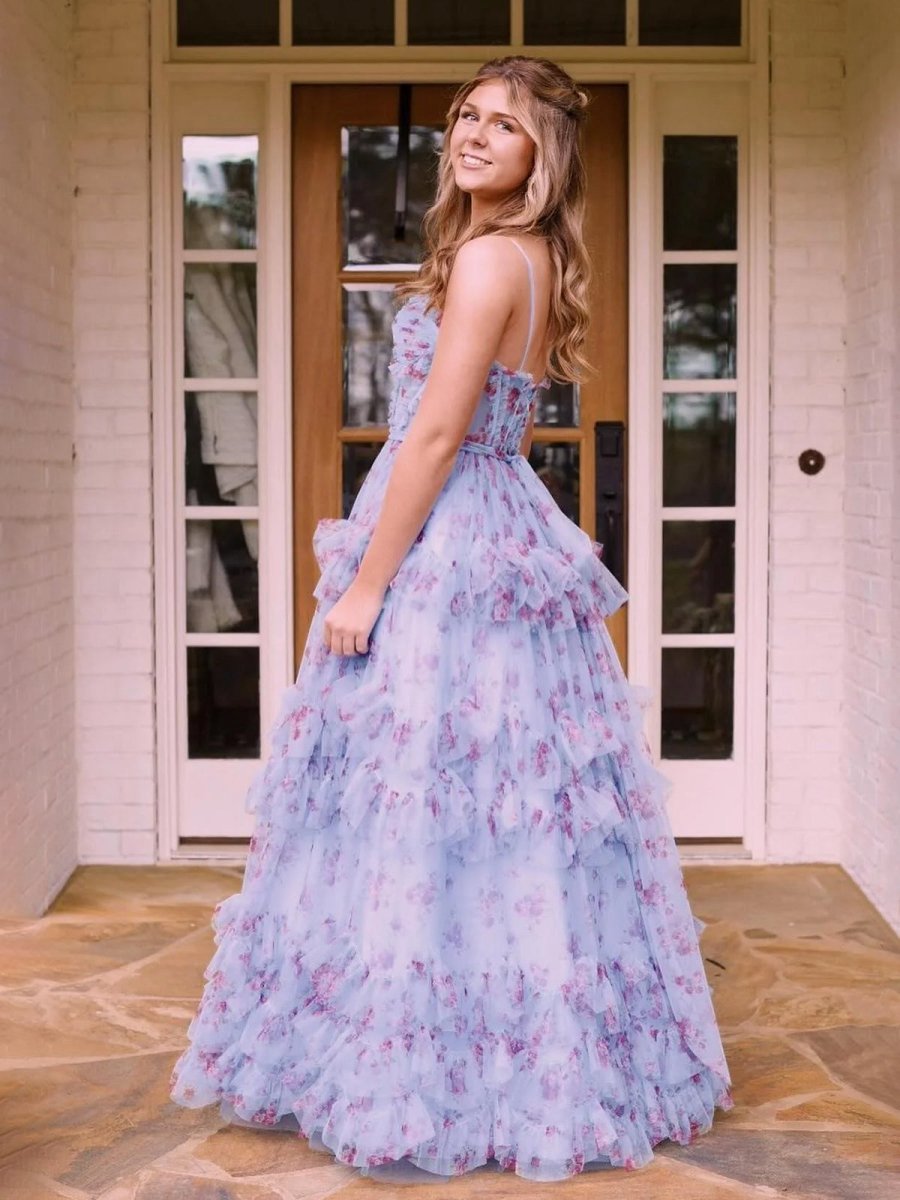A-line Floral Corset Tulle Ruffles Long Prom Dresses