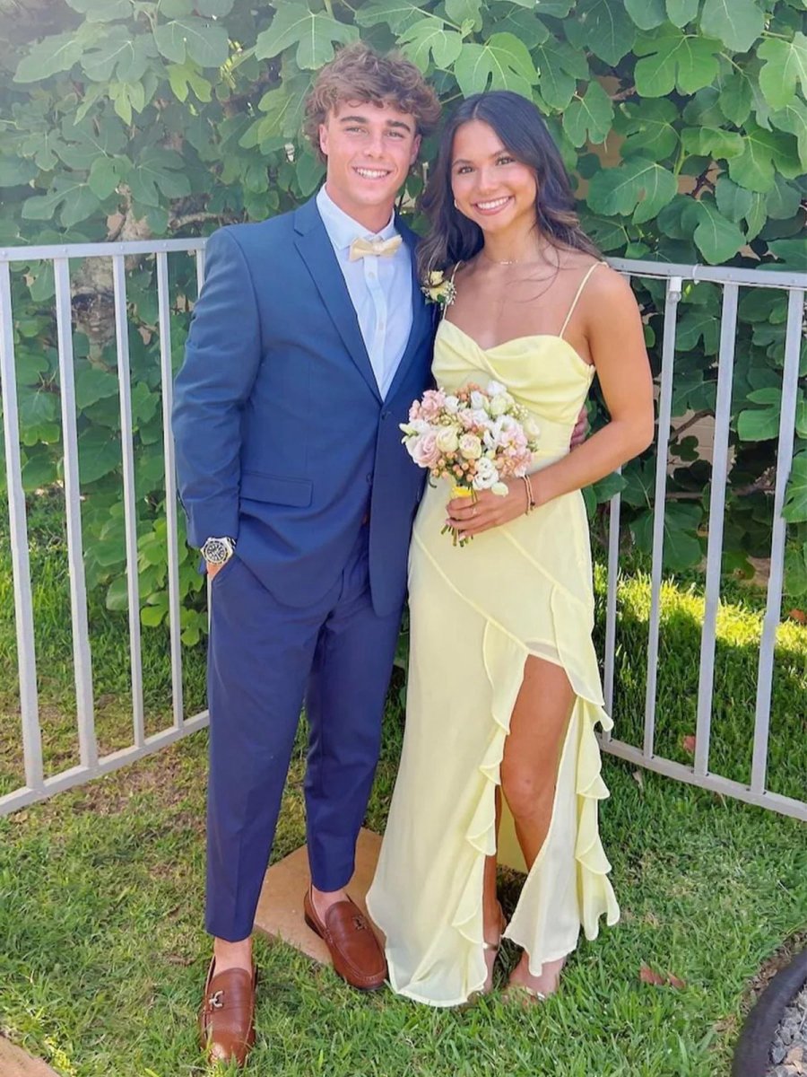 V-Neck Chiffon Ruffles Long Prom Dresses with Slit