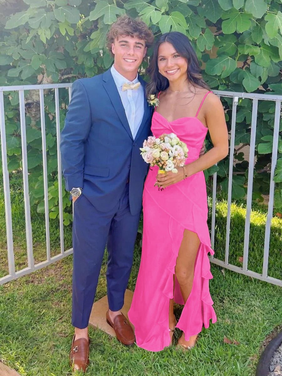 V-Neck Chiffon Ruffles Long Prom Dresses with Slit