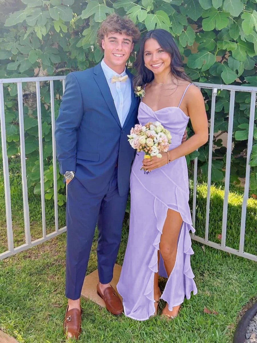 V-Neck Chiffon Ruffles Long Prom Dresses with Slit