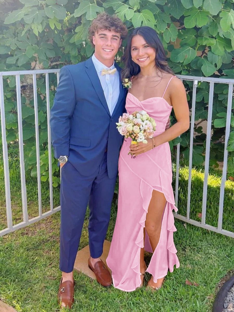 V-Neck Chiffon Ruffles Long Prom Dresses with Slit
