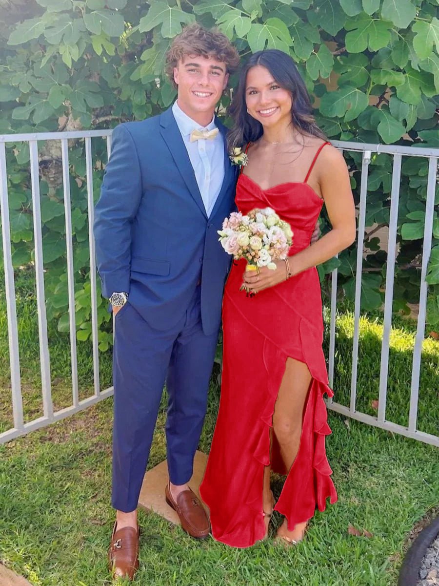 V-Neck Chiffon Ruffles Long Prom Dresses with Slit