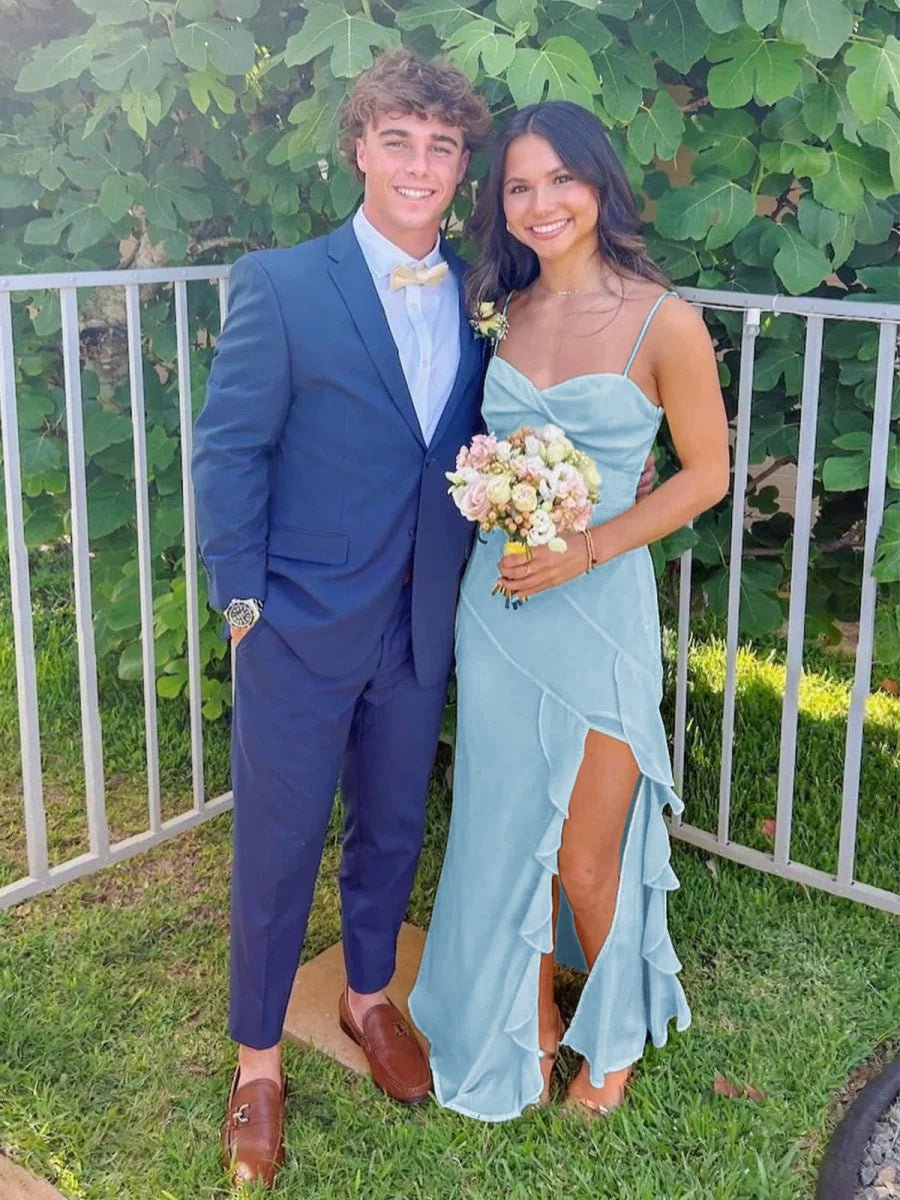 V-Neck Chiffon Ruffles Long Prom Dresses with Slit