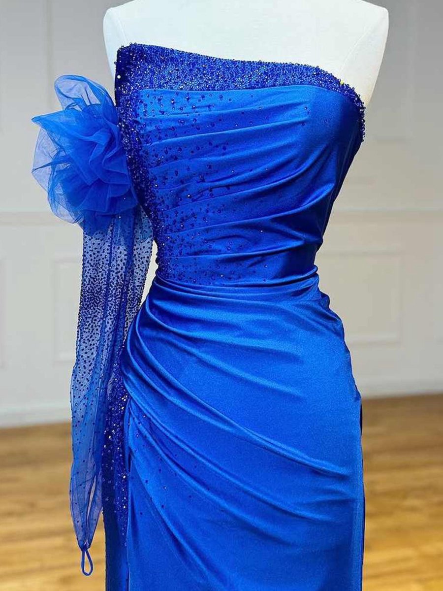 Mermaid Strapless Beaded Ruched Long Prom Dresses with Sleeve