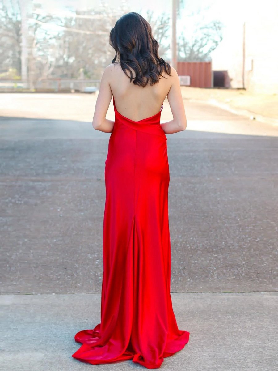 Halter Satin Mermaid Long Prom Dresses with Slit