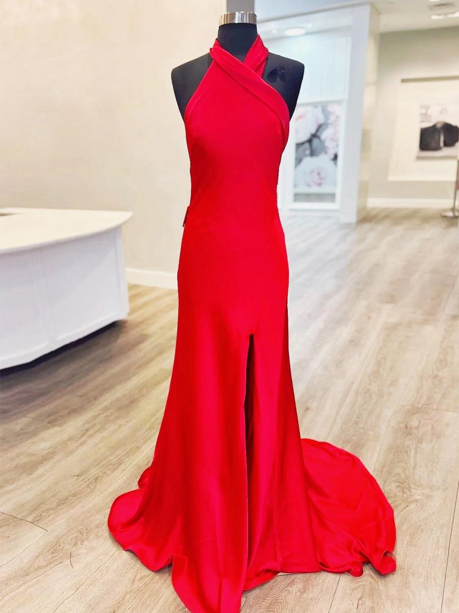 Halter Satin Mermaid Long Prom Dresses with Slit