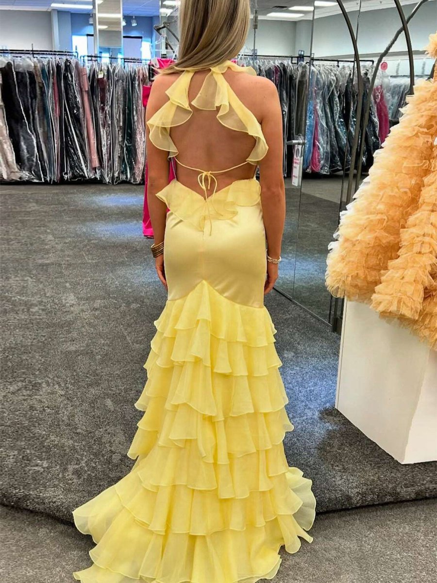 V Neck Satin Mermaid Ruffles Long Prom Dresses