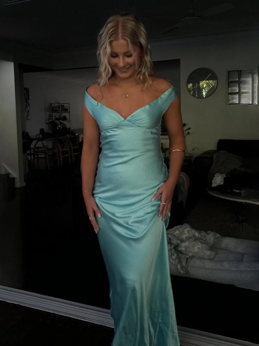 Off the Shoulder Sheath Satin Long Prom Dresses