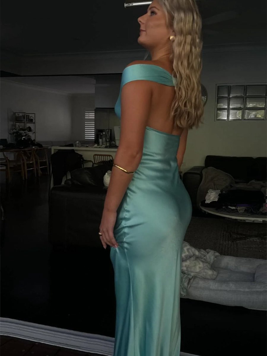 Off the Shoulder Sheath Satin Long Prom Dresses
