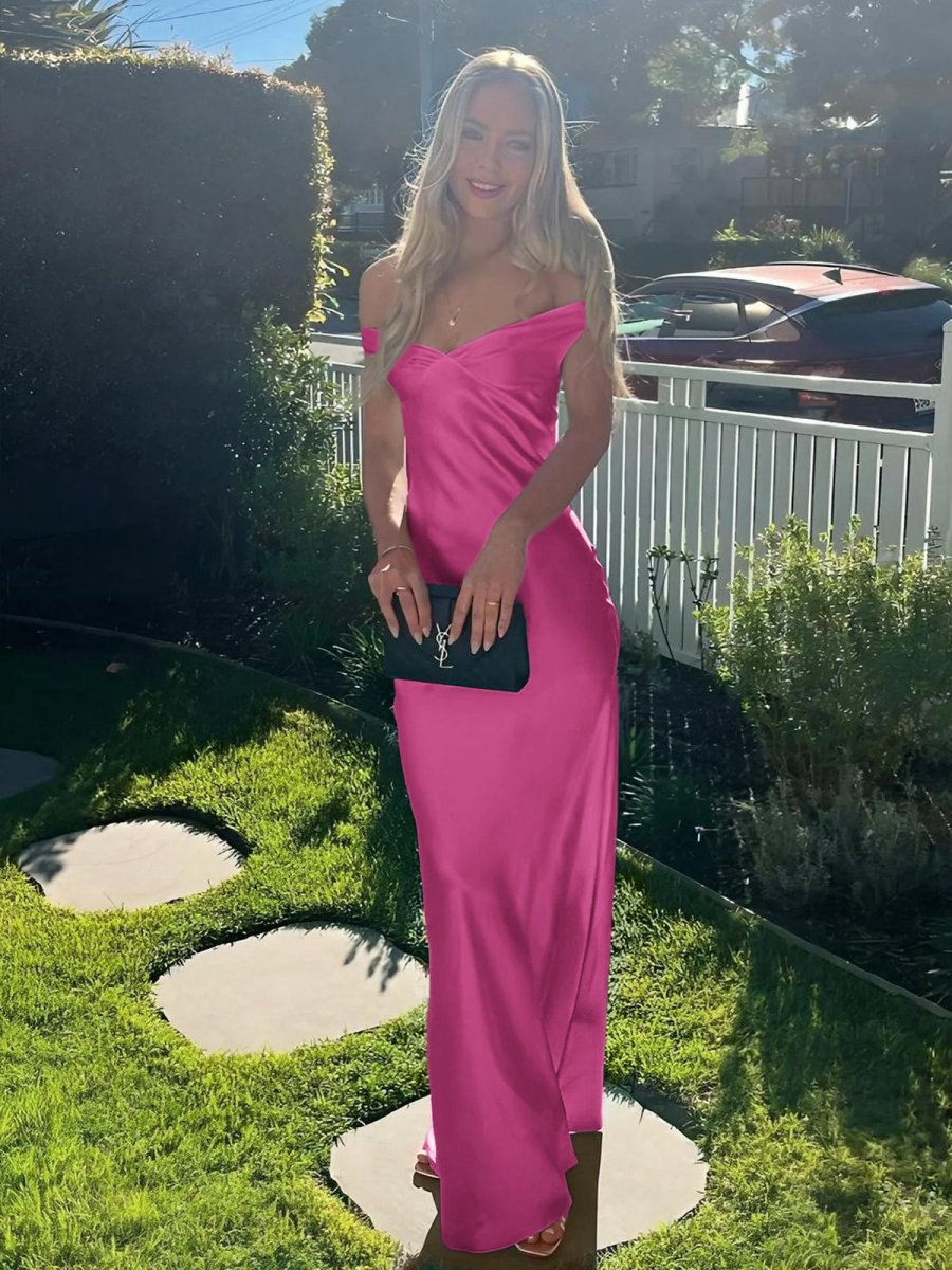 Off the Shoulder Sheath Satin Long Prom Dresses