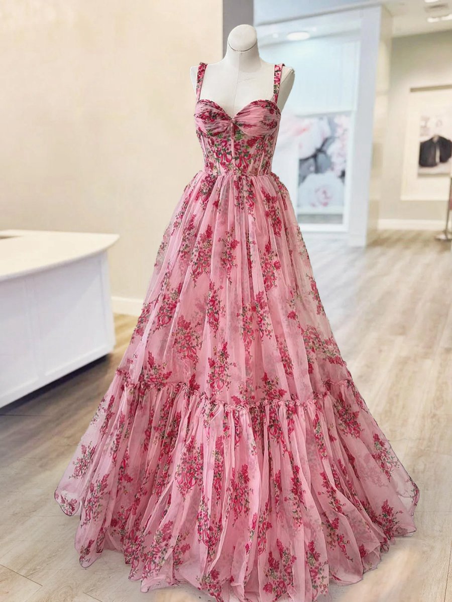 Sweetheart A-line Floral Printed Chiffon Long Prom Dresses with Bow