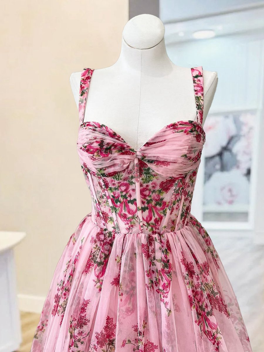 Sweetheart A-line Floral Printed Chiffon Long Prom Dresses with Bow