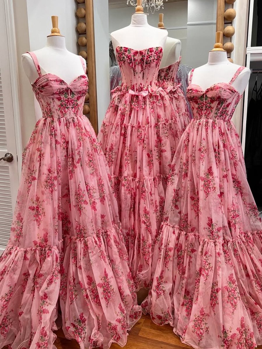 Sweetheart A-line Floral Printed Chiffon Long Prom Dresses with Bow