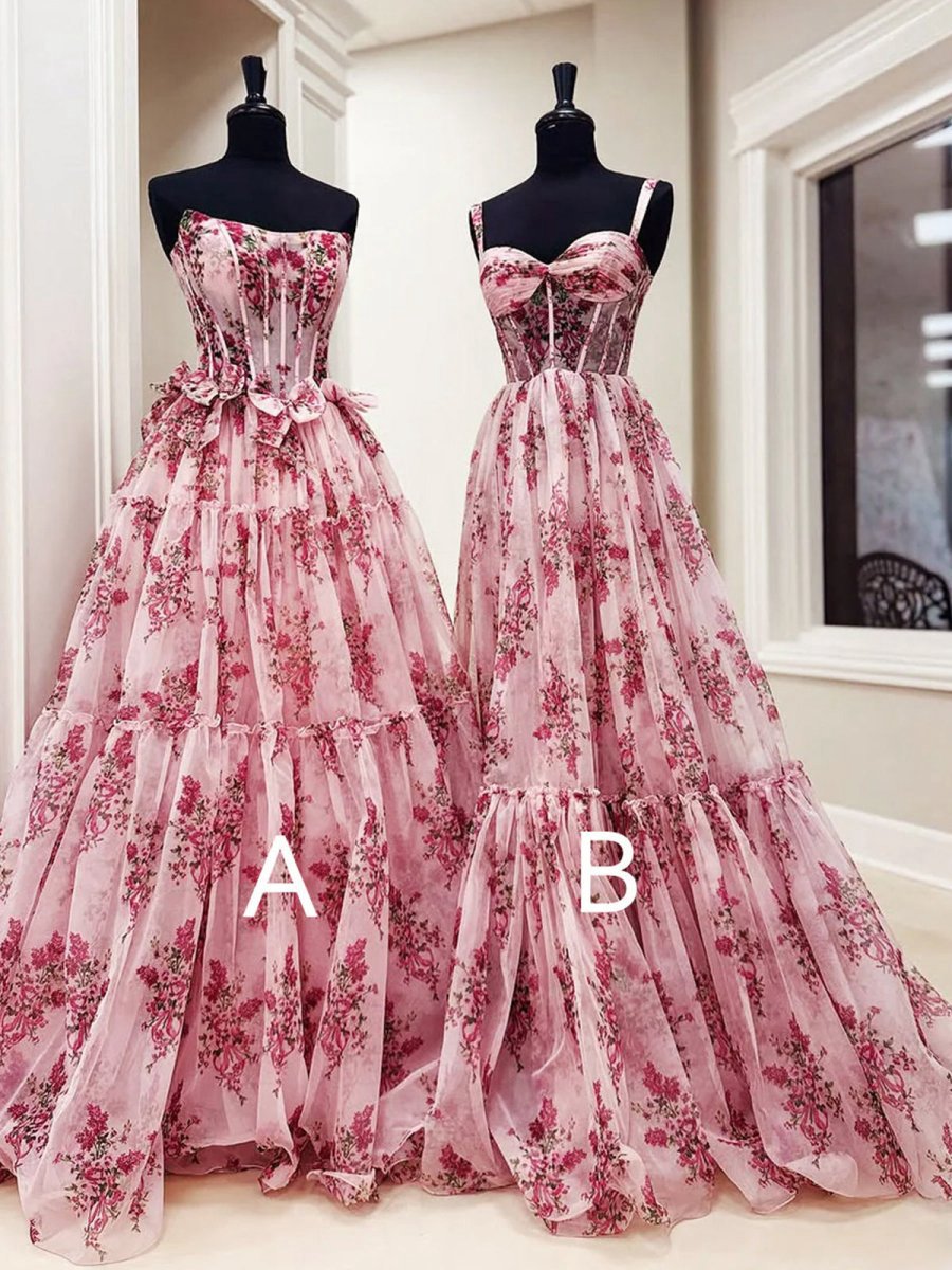Sweetheart A-line Floral Printed Chiffon Long Prom Dresses with Bow