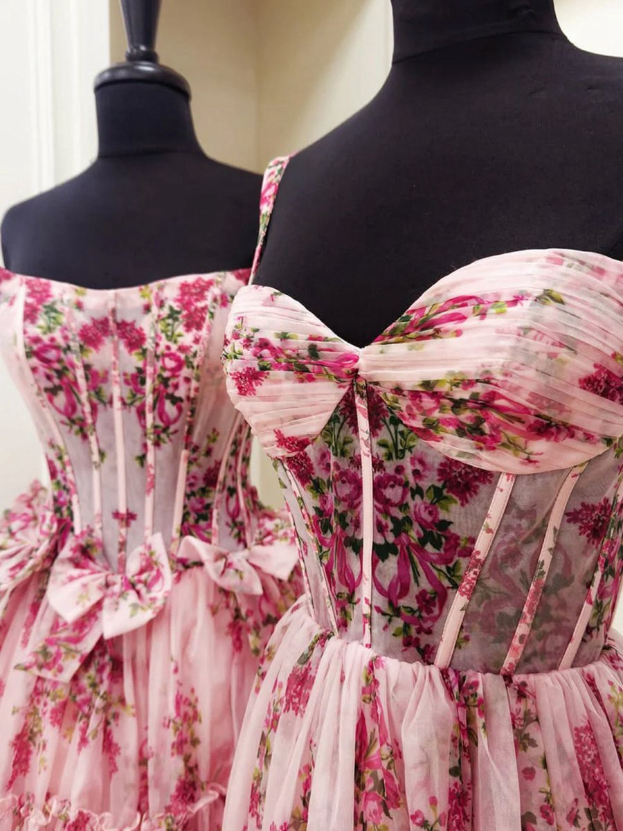 Sweetheart A-line Floral Printed Chiffon Long Prom Dresses with Bow