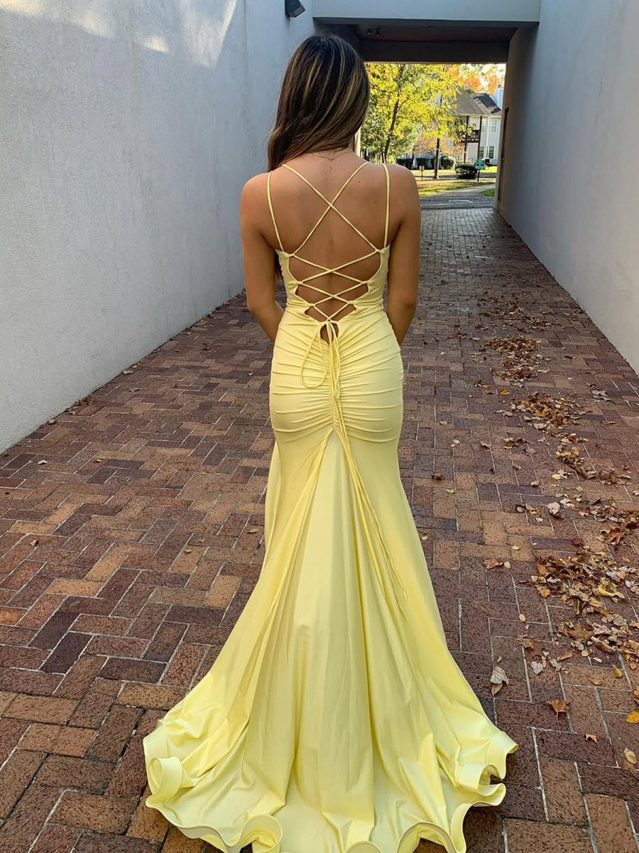 V Neck Satin Mermaid Long Prom Dresses with Split